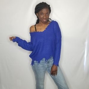 Royal Blue Frayed Long Sleeve V Neck Sweater